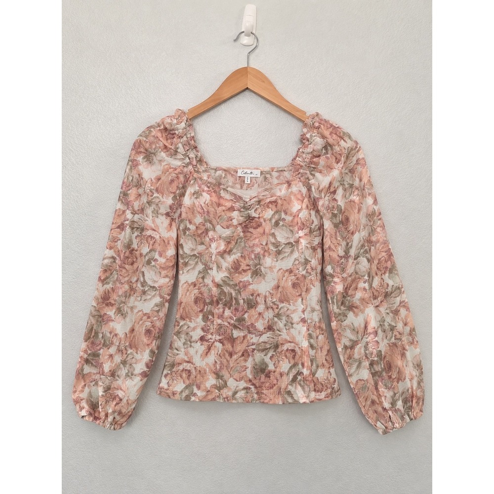 Calista Women Peach Tan Floral Sweetheart Neck Ruched Balloon Sleeve Blouse L